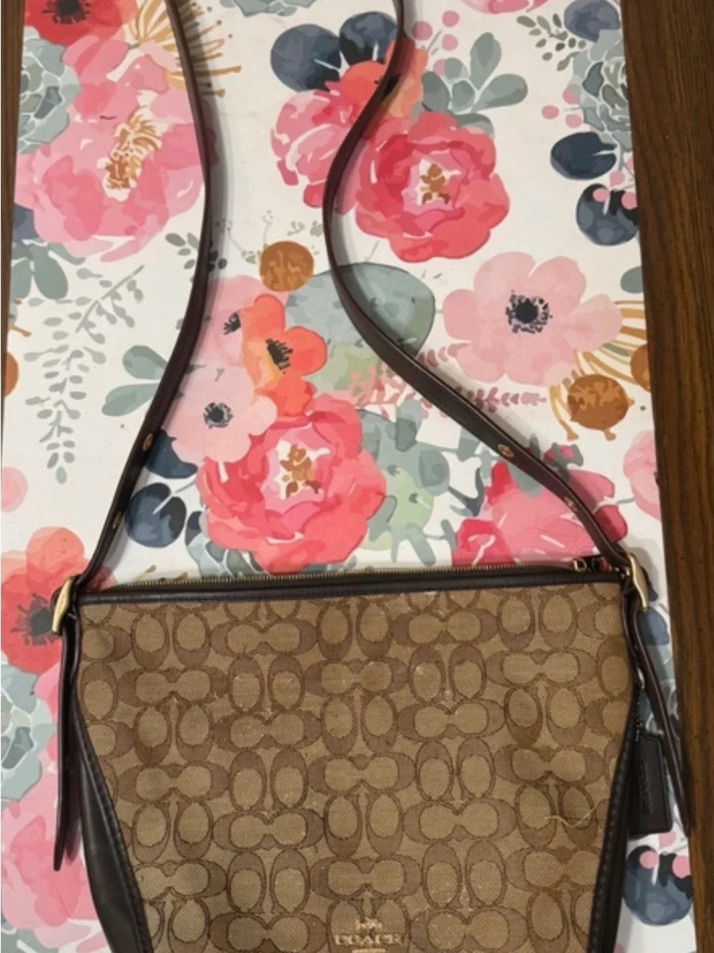 Coach Brown Signature Canvas Crossbody with Dark Brown Trim